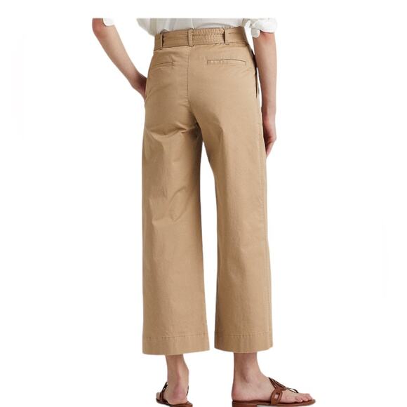 Lauren Ralph Lauren Twill Belted Cropped Stylish Wide Leg Pants Tan NEW Size 12 - Picture 2 of 6